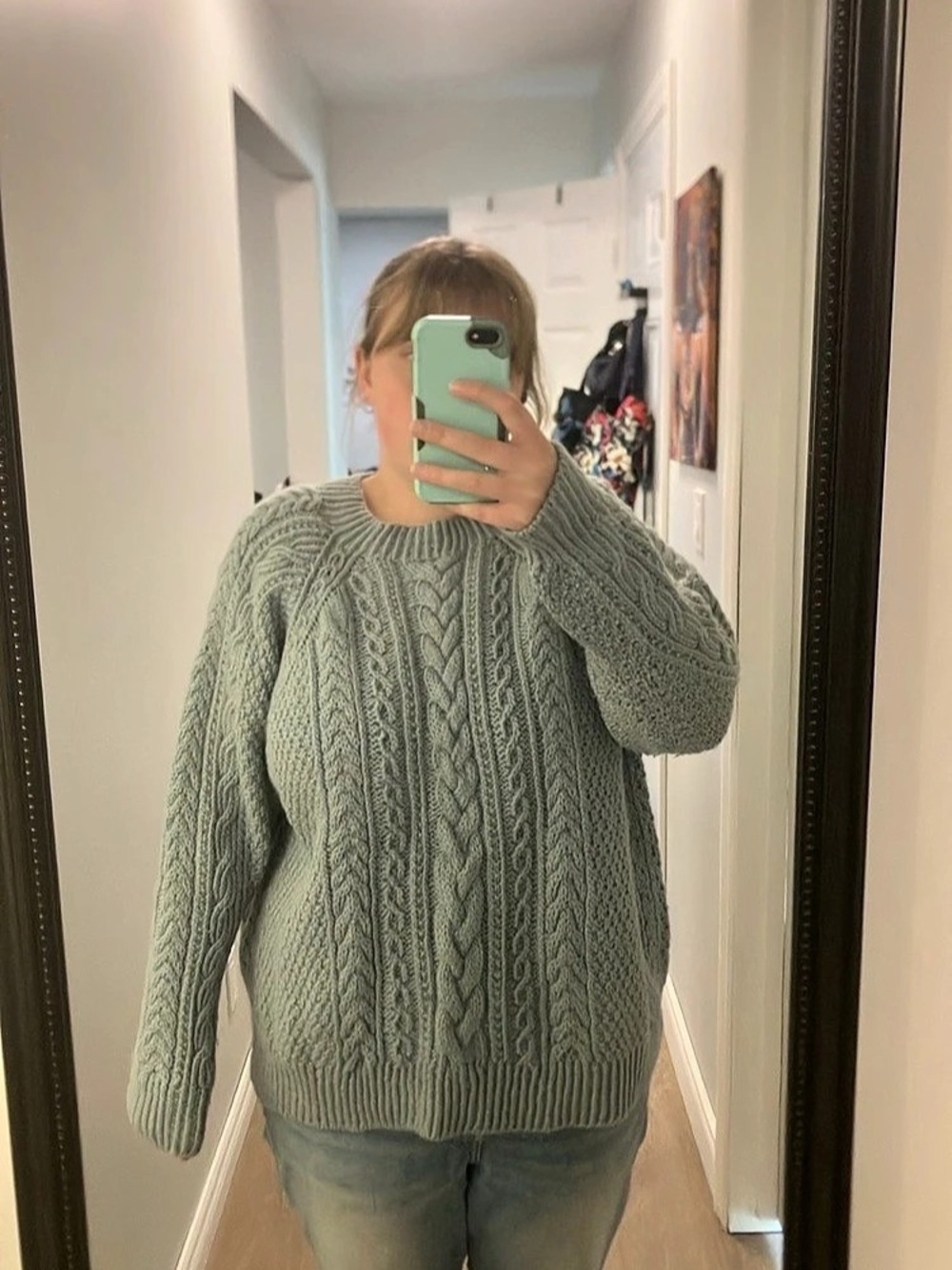 Hand knit Cable Crewneck Sweater 65% wool 35% alpaca